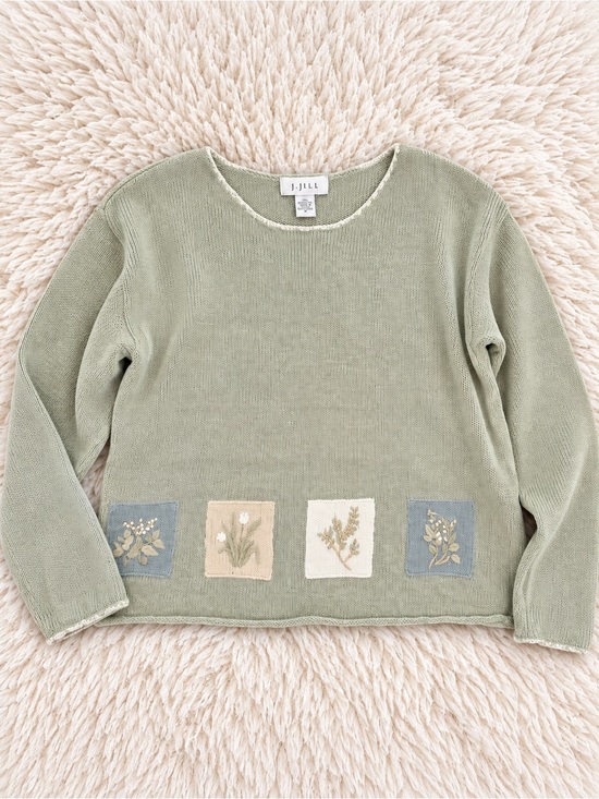 J. Jill Sweaters - VTG J.Jill Sweater Medium Sage Green Knit Floral Embroidered Patchwork Pullover